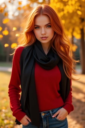 full body from the knees, beautiful woman, red hair, wearing a red sweater, black scarf, denim pants, golden autumn, falling leaves, captured on Agfa Vista 200 --style raw, zaya