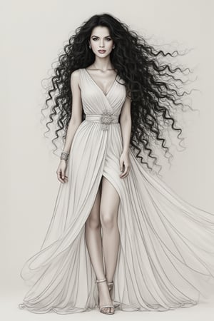 full body from the knees up, a beautiful woman, with long curly hair, wearing an elegant dress. zaya, minimalist_line_style