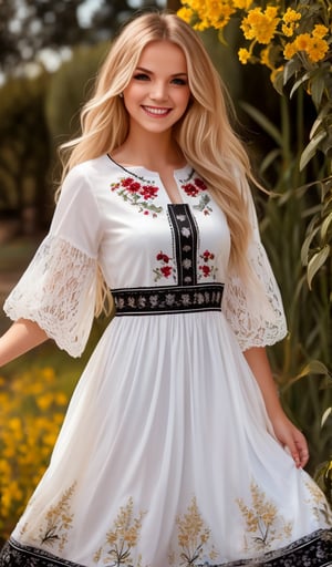 Beautiful young woman, blonde, smiling, (clear facial features), (dressed in a beautiful Ukrainian national white long dress with embroidered ornament black), sunny day, botanical garden, realistic