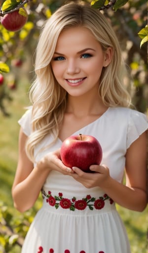 Beautiful young woman, blonde, smiling, clear facial features, dressed in Ukrainian beautiful dress with embroidered ornaments, holding an apple in her hands, sunny day, orchard, realistic