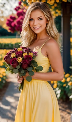 beautiful young woman, blonde, smiling, (in a beautiful long tight yellow dress with a bouquet of blue roses),sunny day, park, realistic