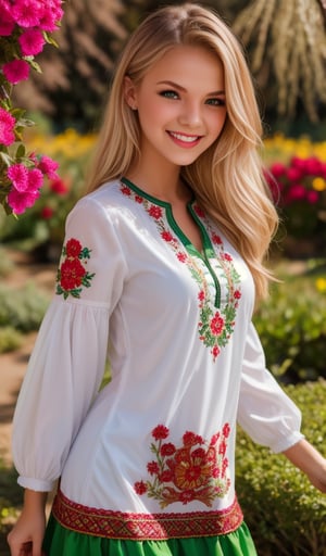 1girl, beautiful young woman, blonde, smiling, (in beautiful Ukrainian national costume embroidery ornament white, red, green), sunny day, botanical garden, realistic