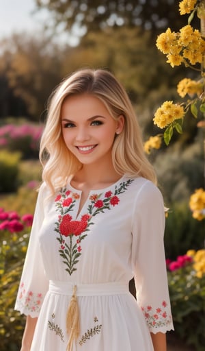 1girl, upper body, Beautiful young woman, blonde, smiling, clear facial features, (dressed in a beautiful Ukrainian national dress with embroidered ornament white), sunny day, botanical garden, realistic