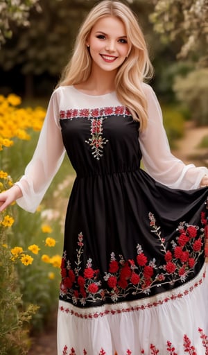 Beautiful young woman, blonde, smiling, (clear facial features), (dressed in a beautiful Ukrainian national long dress with embroidered ornaments red, white, black), sunny day, botanical garden, realistic