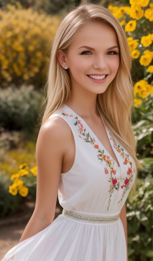 1girl, upper body, Beautiful young woman, blonde, smiling, clear facial features, (dressed in a beautiful Ukrainian national dress with embroidered ornament white), sunny day, botanical garden, realistic