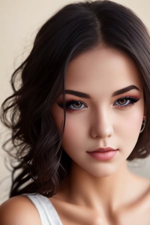 1girl, (Close-up), beautiful young woman, black hair, makeup, realistic., woman