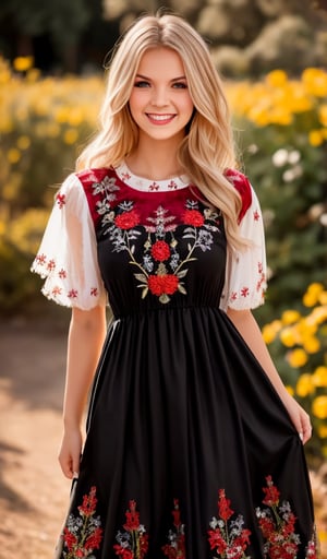 Beautiful young woman, blonde, smiling, (clear facial features), (dressed in a beautiful Ukrainian national long dress with embroidered ornaments red, white, black), sunny day, botanical garden, realistic