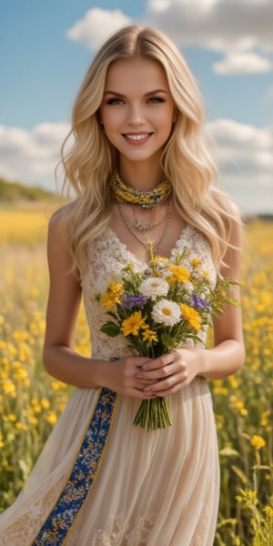 A beautiful woman, blonde, with a bouquet of spring flowers in her hands, in a beautiful dress, (with a blue-yellow scarf around her neck) on the background of a field of flowers going to the sky, zaya, midjourney_whisper_avant_couture