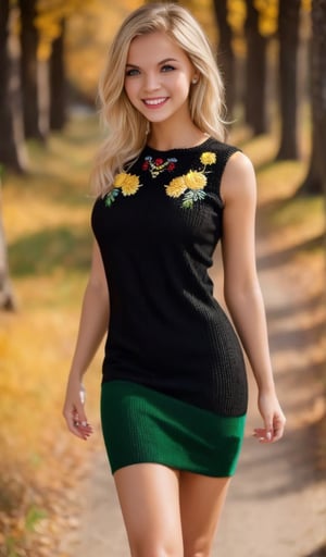 beautiful young woman, blonde, smiling, clear facial features, (dressed in a beautiful black knit dress embroidery ornament white, yellow, green, red), model body poses, sunny day, nature, realistic