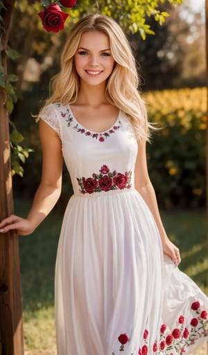 Beautiful young woman, blonde, smiling, clear facial features, (dressed in Ukrainian beautiful long white dress with embroidered rose ornament), sunny day, nature, realistic