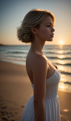 Serene blonde beauty stands isolated on a sun-softened beach at dusk, one foot slightly angled, lost in thought as golden tresses rustle in ocean breeze. Warm, photorealistic light casts soft glow upon features, against puffy canvas of white clouds drifting lazily across the frame, where setting sun's rays gently kiss her porcelain skin. She gazes out to sea, eyes fixed on distant horizon, where sky meets water, as warm light dances across her profile, accentuating delicate features and framing her contemplative pose amidst serene beach atmosphere.,1girl