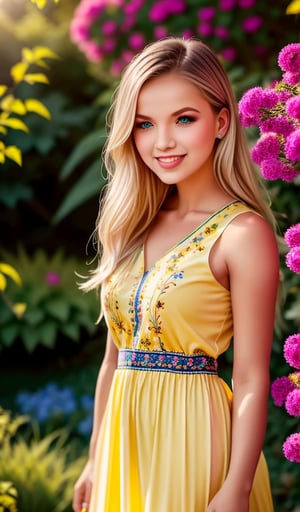 A young blonde woman, radiant with beauty, sports a bright smile and sharp facial features, framed by lush greenery in a botanical garden's serene atmosphere on a sunny day. She wears a breathtaking traditional Ukrainian national long dress with intricate yellow and blue embroidery, standing amidst a kaleidoscope of colors as vibrant flowers surround her. The warm sunlight casts gentle shadows on the delicate petals, emphasizing her captivating gaze, shining like the blooms around her.