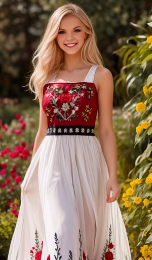 Beautiful young woman, blonde, smiling, (clear facial features), (dressed in a beautiful Ukrainian national long dress with embroidered ornaments red, white, black), sunny day, botanical garden, realistic