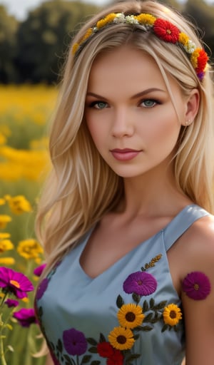 Beautiful young woman, blonde, in a dress with ornament of multicolored embroidery, on her head a wreath of flowers, shot in honor of traditional Ukrainian culture by Alexander Vasyukov outdoors in a field of wildflowers in bright natural sunlight, high detail, sharp focus, ultra-high resolution details, high quality photo, photorealistic