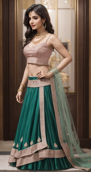 In a photorealistic masterpiece,24 years woman,  hot,  sexy,  indian,  model,  Instagram model,  influencer,  happy face, sharp jawline,  baby pink lips,  cute looking,  catty eyes,  best quality, full  body showing masterpiece with  Embroidered Semi Stitched Lehenga Choli (Green),  beautiful and aesthetic,  behold the essence of a South Indian beauty, adorned in a traditional Embroidered Semi Stitched Lehenga Choli (Green) graced with a golden pearl strip, and flowing tresses. She standing as a mesmerizing vision of elegance and grace, embodying the timeless allure of tradition, The intricate details of her skin, captured in high resolution, reveal the gentle pores and flawless complexion, as if painted with the finest strokes of an artist's brush. The sunlight of the sunset time gently leaks through the edges, casting a soft glow on her figure, while the background fully clear creating a depth of field that accentuates her beauty, She standing near Indian fort, a harmonious fusion of cultures, embodying the spirit of global unity. Her alluring pose exudes seductive charm, while her absolute sleeveless cleavage and full body jewellry add a touch of opulence and allure, mature girl, mature body, mature breast, big boobs, enlarge breast, mature buts, enlarge buts, hot sleeveless cleavage, sexy cleavage,In this photorealistic shot, every thread of the lehanga choli,  full body standing up in fort, and every strand of her long black hair are finely detailed, capturing the essence of her being with impeccable precision, This shot, captured on a Sony a7 IV with a 135mm f1.8 lens, stands as a testament to the fusion of modern technology and timeless tradition, a celebration of the harmonious blend of past and present, As she looks back at the viewer, her eyes speak of a thousand stories, drawing us into her world of elegance and allure. In her full-body view, she exudes an enchanting aura, with a random pose that reflects the spontaneity of life's beauty, This portrayal captures the emotional essence of Indian beauty adorned in the finest Embroidered Semi Stitched Lehenga Choli (Green), Embroidered Semi Stitched Lehenga Choli (Green) Full length view,  Straight brown hair,  a beautiful indian girl,  Pale skin,  icy eyeshadow,  gold necklace,  breast size 55,  Weast size 45, butts size 50 femme fatale, showing full sexy body, wearing sleeveless Blouse ,full body, indian,indian women,indian young women, pale white clear skin,beautiful women,,age 24, ultra realistic,detailed face,full body, normal faces, vivid detail, bright sunshine on body, young mature, fellatio, hetero, perfect body, big breast, puffy nipples, where the richness of culture meets the marvels of technology, resulting in a work of art that touches the heart and soul,full body, shapely body, hot body, big breast, milkey boobs, big buts, looks beautiful in Embroidered Semi Stitched Lehenga Choli (pink),sexy side view:)