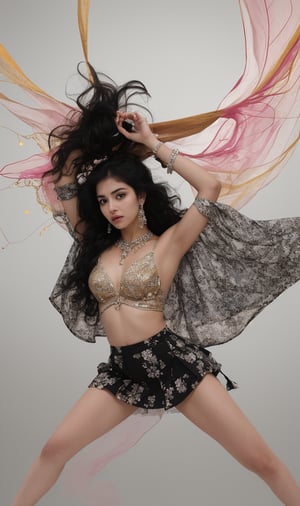 A stunning young indian girl with long, jet-black hair flowing down her back, wears a vibrant floral printed skirt that falls to the ground. Her curly locks cascade over her shoulders as she strikes a pose, adorned in sparkling jewelry and dangling earrings. The camera frames her solo figure against a neutral background, highlighting her intricate costume and radiant beauty.