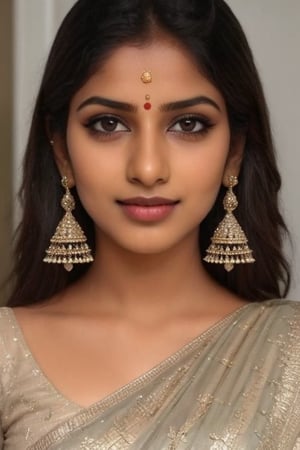 photo of indian girl, indian girl, oval face, long_hair, sharp_chin, beautiful lips, dimple, smilling, perfect teeth, cute cheek, sharp jawline, beautiful face, symmetrical_eyes, beautiful eyes, naked, fully nude, free hair, full body view, standing up,mordern earings, wristwatch, diamond necklase