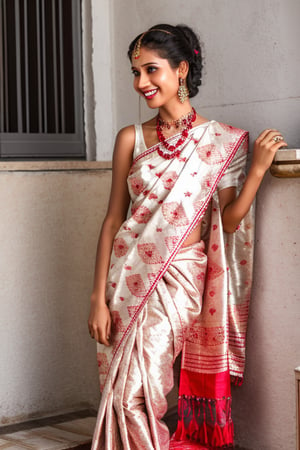 A captivating photo of a young Indian woman with dark, slightly messy hair styled in a loose ponytail. She dons a black V-neck blouse and a stunning purple sari with intricate patterns, elegantly draped over her shoulder. Large, ornate silver earrings accent her face, and her bright smile exudes joy and serenity. The natural lighting suggests an outdoor setting, possibly a rooftop or balcony, with a metal staircase and door nearby. The atmosphere evokes happiness and tranquility.,Extremely Realistic,Kasturi,photorealistic,Saree girl