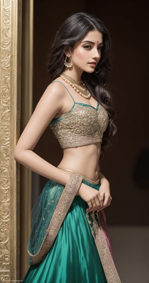 In a photorealistic masterpiece,24 years woman,  hot,  sexy,  indian,  model,  Instagram model,  influencer,  happy face, sharp jawline,  baby pink lips,  cute looking,  catty eyes,  best quality, full  body showing masterpiece with  Embroidered Semi Stitched Lehenga Choli (Green),  beautiful and aesthetic,  behold the essence of a South Indian beauty, adorned in a traditional Embroidered Semi Stitched Lehenga Choli (Green) graced with a golden pearl strip, and flowing tresses. She standing as a mesmerizing vision of elegance and grace, embodying the timeless allure of tradition, The intricate details of her skin, captured in high resolution, reveal the gentle pores and flawless complexion, as if painted with the finest strokes of an artist's brush. The sunlight of the sunset time gently leaks through the edges, casting a soft glow on her figure, while the background fully clear creating a depth of field that accentuates her beauty, She standing near Indian fort, a harmonious fusion of cultures, embodying the spirit of global unity. Her alluring pose exudes seductive charm, while her absolute sleeveless cleavage and full body jewellry add a touch of opulence and allure, mature girl, mature body, mature breast, big boobs, enlarge breast, mature buts, enlarge buts, hot sleeveless cleavage, sexy cleavage,In this photorealistic shot, every thread of the lehanga choli,  full body standing up in fort, and every strand of her long black hair are finely detailed, capturing the essence of her being with impeccable precision, This shot, captured on a Sony a7 IV with a 135mm f1.8 lens, stands as a testament to the fusion of modern technology and timeless tradition, a celebration of the harmonious blend of past and present, As she looks back at the viewer, her eyes speak of a thousand stories, drawing us into her world of elegance and allure. In her full-body view, she exudes an enchanting aura, with a random pose that reflects the spontaneity of life's beauty, This portrayal captures the emotional essence of Indian beauty adorned in the finest Embroidered Semi Stitched Lehenga Choli (Green), Embroidered Semi Stitched Lehenga Choli (Green) Full length view,  Straight brown hair,  a beautiful indian girl,  Pale skin,  icy eyeshadow,  gold necklace,  breast size 55,  Weast size 45, butts size 50 femme fatale, showing full sexy body, wearing sleeveless Blouse ,full body, indian,indian women,indian young women, pale white clear skin,beautiful women,,age 24, ultra realistic,detailed face,full body, normal faces, vivid detail, bright sunshine on body, young mature, fellatio, hetero, perfect body, big breast, puffy nipples, where the richness of culture meets the marvels of technology, resulting in a work of art that touches the heart and soul,full body, shapely body, hot body, big breast, milkey boobs, big buts, looks beautiful in Embroidered Semi Stitched Lehenga Choli (pink),sexy side view:)