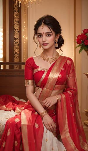 A glamorous and vivid portrait of a radiant Indian woman, draped in a vibrant red saree, tenderly resting on an ornate bed swathed in a cascade of red flowers and arranged into a heart shape. The heart is highlighted by a stunningly soft, ambient light source cast on the wall, casting the word 'LOVE' in delicate, shimmering letters. The intricate details of the woman's delicate features and the beautiful embroidery on her saree create a stunning fashion & design statement in this realistic and highly detailed image.