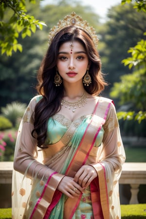 Beautiful young queen, long_hair, clear facial features, (in beautiful traditional Indian dress, sunny day, botanical garden, realistic, stunning, beauty, hot, sensual, luxury, royal, elegant 