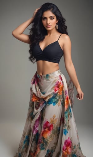 A stunning young indian woman with long, jet-black hair flowing down her back, wears a vibrant floral printed skirt that falls to the ground. Her curly locks cascade over her shoulders as she strikes a pose, adorned in sparkling jewelry and dangling earrings. The camera frames her solo figure against a neutral background, highlighting her intricate costume and radiant beauty.