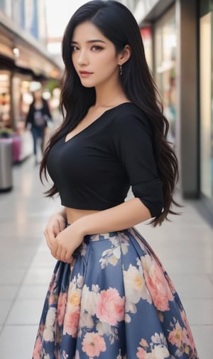 1girl, solo, long hair, skirt, black hair, jewelry, earrings, cosplay, floral print, long skirt, realistic