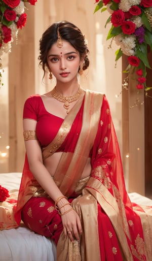 A glamorous and vivid portrait of a radiant Indian woman, draped in a vibrant red saree, tenderly resting on an ornate bed swathed in a cascade of red flowers and arranged into a heart shape. The heart is highlighted by a stunningly soft, ambient light source cast on the wall, casting the word 'LOVE' in delicate, shimmering letters. The intricate details of the woman's delicate features and the beautiful embroidery on her saree create a stunning fashion & design statement in this realistic and highly detailed image.