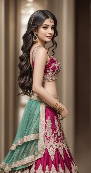 In a photorealistic masterpiece,24 years woman,  hot,  sexy,  indian,  model,  Instagram model,  influencer,  happy face, sharp jawline,  baby pink lips,  cute looking,  catty eyes,  best quality, full  body showing masterpiece with  Embroidered Semi Stitched Lehenga Choli (Green),  beautiful and aesthetic,  behold the essence of a South Indian beauty, adorned in a traditional Embroidered Semi Stitched Lehenga Choli (Green) graced with a golden pearl strip, and flowing tresses. She standing as a mesmerizing vision of elegance and grace, embodying the timeless allure of tradition, The intricate details of her skin, captured in high resolution, reveal the gentle pores and flawless complexion, as if painted with the finest strokes of an artist's brush. The sunlight of the sunset time gently leaks through the edges, casting a soft glow on her figure, while the background fully clear creating a depth of field that accentuates her beauty, She standing near Indian fort, a harmonious fusion of cultures, embodying the spirit of global unity. Her alluring pose exudes seductive charm, while her absolute sleeveless cleavage and full body jewellry add a touch of opulence and allure, mature girl, mature body, mature breast, big boobs, enlarge breast, mature buts, enlarge buts, hot sleeveless cleavage, sexy cleavage,In this photorealistic shot, every thread of the lehanga choli,  full body standing up in fort, and every strand of her long black hair are finely detailed, capturing the essence of her being with impeccable precision, This shot, captured on a Sony a7 IV with a 135mm f1.8 lens, stands as a testament to the fusion of modern technology and timeless tradition, a celebration of the harmonious blend of past and present, As she looks back at the viewer, her eyes speak of a thousand stories, drawing us into her world of elegance and allure. In her full-body view, she exudes an enchanting aura, with a random pose that reflects the spontaneity of life's beauty, This portrayal captures the emotional essence of Indian beauty adorned in the finest Embroidered Semi Stitched Lehenga Choli (Green), Embroidered Semi Stitched Lehenga Choli (Green) Full length view,  Straight brown hair,  a beautiful indian girl,  Pale skin,  icy eyeshadow,  gold necklace,  breast size 55,  Weast size 45, butts size 50 femme fatale, showing full sexy body, wearing sleeveless Blouse ,full body, indian,indian women,indian young women, pale white clear skin,beautiful women,,age 24, ultra realistic,detailed face,full body, normal faces, vivid detail, bright sunshine on body, young mature, fellatio, hetero, perfect body, big breast, puffy nipples, where the richness of culture meets the marvels of technology, resulting in a work of art that touches the heart and soul,full body, shapely body, hot body, big breast, milkey boobs, big buts, looks beautiful in Embroidered Semi Stitched Lehenga Choli (pink),sexy side view:)