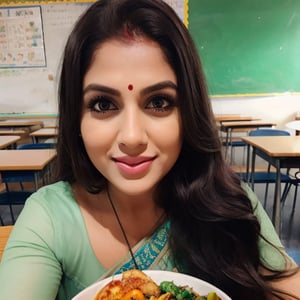 beautiful female teacher, 38 years old,teaching in a indian school, long black_hair, colorful hair, warm, dacing , like teacher,  eating food in school