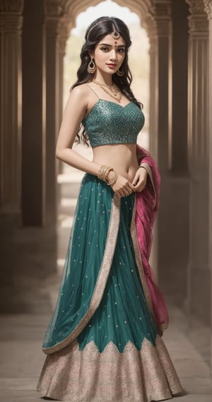 In a photorealistic masterpiece,24 years woman,  hot,  sexy,  indian,  model,  Instagram model,  influencer,  happy face, sharp jawline,  baby pink lips,  cute looking,  catty eyes,  best quality, full  body showing masterpiece with  Embroidered Semi Stitched Lehenga Choli (Green),  beautiful and aesthetic,  behold the essence of a South Indian beauty, adorned in a traditional Embroidered Semi Stitched Lehenga Choli (Green) graced with a golden pearl strip, and flowing tresses. She standing as a mesmerizing vision of elegance and grace, embodying the timeless allure of tradition, The intricate details of her skin, captured in high resolution, reveal the gentle pores and flawless complexion, as if painted with the finest strokes of an artist's brush. The sunlight of the sunset time gently leaks through the edges, casting a soft glow on her figure, while the background fully clear creating a depth of field that accentuates her beauty, She standing near Indian fort, a harmonious fusion of cultures, embodying the spirit of global unity. Her alluring pose exudes seductive charm, while her absolute sleeveless cleavage and full body jewellry add a touch of opulence and allure, mature girl, mature body, mature breast, big boobs, enlarge breast, mature buts, enlarge buts, hot sleeveless cleavage, sexy cleavage,In this photorealistic shot, every thread of the lehanga choli,  full body standing up in fort, and every strand of her long black hair are finely detailed, capturing the essence of her being with impeccable precision, This shot, captured on a Sony a7 IV with a 135mm f1.8 lens, stands as a testament to the fusion of modern technology and timeless tradition, a celebration of the harmonious blend of past and present, As she looks back at the viewer, her eyes speak of a thousand stories, drawing us into her world of elegance and allure. In her full-body view, she exudes an enchanting aura, with a random pose that reflects the spontaneity of life's beauty, This portrayal captures the emotional essence of Indian beauty adorned in the finest Embroidered Semi Stitched Lehenga Choli (Green), Embroidered Semi Stitched Lehenga Choli (Green) Full length view,  Straight brown hair,  a beautiful indian girl,  Pale skin,  icy eyeshadow,  gold necklace,  breast size 55,  Weast size 45, butts size 50 femme fatale, showing full sexy body, wearing sleeveless Blouse ,full body, indian,indian women,indian young women, pale white clear skin,beautiful women,,age 24, ultra realistic,detailed face,full body, normal faces, vivid detail, bright sunshine on body, young mature, fellatio, hetero, perfect body, big breast, puffy nipples, where the richness of culture meets the marvels of technology, resulting in a work of art that touches the heart and soul,full body, shapely body, hot body, big breast, milkey boobs, big buts, looks beautiful in Embroidered Semi Stitched Lehenga Choli (pink),sexy side view:)