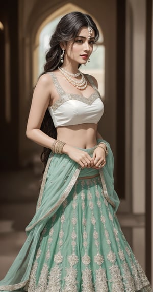 In a photorealistic masterpiece,24 years woman,  hot,  sexy,  indian,  model,  Instagram model,  influencer,  happy face, sharp jawline,  baby pink lips,  cute looking,  catty eyes,  best quality, full  body showing masterpiece with  Embroidered Semi Stitched Lehenga Choli (lite green and pearl white),  beautiful and aesthetic,  behold the essence of a South Indian beauty, adorned in a traditional Embroidered Semi Stitched Lehenga Choli (lite green and pearl white) graced with a golden pearl strip, and flowing tresses. She standing as a mesmerizing vision of elegance and grace, embodying the timeless allure of tradition, The intricate details of her skin, captured in high resolution, reveal the gentle pores and flawless complexion, as if painted with the finest strokes of an artist's brush. The sunlight of the sunset time gently leaks through the edges, casting a soft glow on her figure, while the background fully clear creating a depth of field that accentuates her beauty, She standing near Indian fort, a harmonious fusion of cultures, embodying the spirit of global unity. Her alluring pose exudes seductive charm, while her absolute sleeveless cleavage and full body jewellry add a touch of opulence and allure, mature girl, mature body, mature breast, big boobs, enlarge breast, mature buts, enlarge buts, hot sleeveless cleavage, sexy cleavage,In this photorealistic shot, every thread of the lehanga choli,  full body standing up in fort, and every strand of her long black hair are finely detailed, capturing the essence of her being with impeccable precision, This shot, captured on a Sony a7 IV with a 135mm f1.8 lens, stands as a testament to the fusion of modern technology and timeless tradition, a celebration of the harmonious blend of past and present, As she looks back at the viewer, her eyes speak of a thousand stories, drawing us into her world of elegance and allure. In her full-body view, she exudes an enchanting aura, with a random pose that reflects the spontaneity of life's beauty, This portrayal captures the emotional essence of Indian beauty adorned in the finest Embroidered Semi Stitched Lehenga Choli (lite green and white), Embroidered Semi Stitched Lehenga Choli (lite green and white) Full length view,  Straight brown hair,  a beautiful indian girl,  Pale skin,  icy eyeshadow,  gold necklace,  breast size 55,  Weast size 45, butts size 50 femme fatale, showing full sexy body, wearing sleeveless Blouse ,full body, indian,indian women,indian young women, pale white clear skin,beautiful women,,age 24, ultra realistic,detailed face,full body, normal faces, vivid detail, bright sunshine on body, young mature, fellatio, hetero, perfect body, big breast, puffy nipples, where the richness of culture meets the marvels of technology, resulting in a work of art that touches the heart and soul,full body, shapely body, hot body, big breast, milkey boobs, big round ass, looks beautiful in Embroidered Semi Stitched Lehenga Choli (lite green and pearl white),sexy side view:)