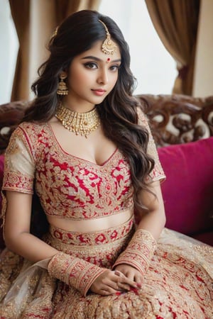 Create a high-quality image of Modern indian girl like dream girl, long hair milky white skin, 20 year old , glamorous body perfect figure, perfect eye blue,, siting on the sofa,wearing Bridal costume with all ornaments,