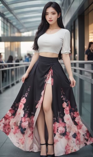 1girl, solo, long hair, skirt, black hair, jewelry, earrings, cosplay, floral print, long skirt, realistic