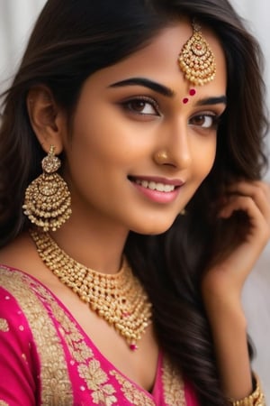 photo of indian girl, indian girl, oval face, long_hair, sharp_chin, beautiful lips, dimple, smilling, perfect teeth, cute cheek, sharp jawline, beautiful face, symmetrical_eyes, beautiful eyes, naked, fully nude, free hair, mordern earings, wristwatch, diamond necklase