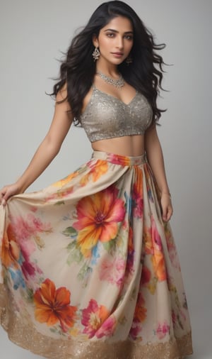 A stunning young indian girl with long, jet-black hair flowing down her back, wears a vibrant floral printed skirt that falls to the ground. Her curly locks cascade over her shoulders as she strikes a pose, adorned in sparkling jewelry and dangling earrings. The camera frames her solo figure against a neutral background, highlighting her intricate costume and radiant beauty.