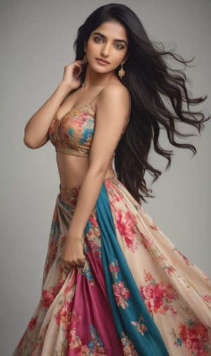 A stunning young indian girl with long, jet-black hair flowing down her back, wears a vibrant floral printed skirt that falls to the ground. Her curly locks cascade over her shoulders as she strikes a pose, adorned in sparkling jewelry and dangling earrings. The camera frames her solo figure against a neutral background, highlighting her intricate costume and radiant beauty.