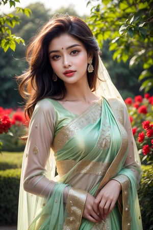 Beautiful young queen, long_hair, clear facial features, (in beautiful traditional Indian dress, sunny day, botanical garden, realistic, stunning, beauty, hot, sensual, luxury, royal, elegant 