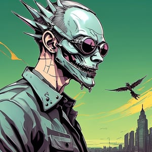 Inkpunk creepy style illustration terrific, man with a dragon chrome plated mask, wings in the sky

