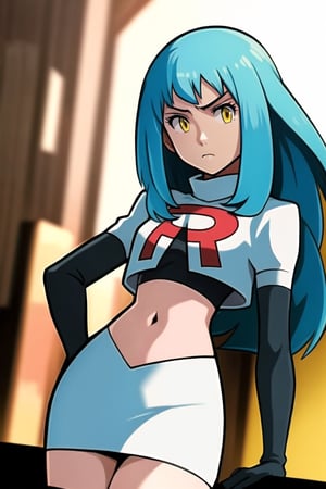 Team Rocket, cropped jacket, white jacket, crop top, jacket, gloves, black gloves, elbow gloves, navel, midriff, white skirt, miniskirt, skirt, black thighhighs, looking down at viewer,(intricately detailed, hyperdetailed), blurry background,depth of field, best quality, masterpiece, intricate details, tonemapping, sharp focus, hyper detailed, trending on Artstation,1 girl, high res, official art,hands on hips,glaring angrily,Tio Plato,yellow_eyes,long_hair,aqua_hair