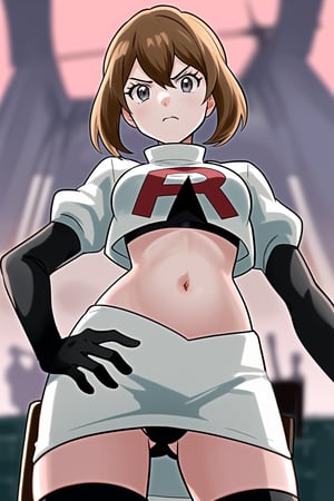 Team Rocket, cropped jacket, white jacket, crop top, jacket, gloves, black gloves, elbow gloves, navel, midriff, white skirt, miniskirt, skirt, black thighhighs, looking down at viewer,(intricately detailed, hyperdetailed), blurry background,depth of field, best quality, masterpiece, intricate details, tonemapping, sharp focus, hyper detailed, trending on Artstation,1 girl, high res, official art,hands on hips,glaring angrily,black panties,anime style,delthea