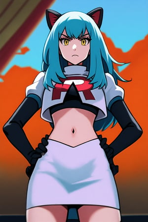 Team Rocket, cropped jacket, white jacket, crop top, jacket, gloves, black gloves, elbow gloves, navel, midriff, white skirt, miniskirt, skirt, black thighhighs, looking down at viewer,(intricately detailed, hyperdetailed), blurry background,depth of field, best quality, masterpiece, intricate details, tonemapping, sharp focus, hyper detailed, trending on Artstation,1 girl, high res, official art,hands on hips,glaring angrily,Tio Plato,yellow_eyes,long_hair,aqua_hair,fake_animal_ears 