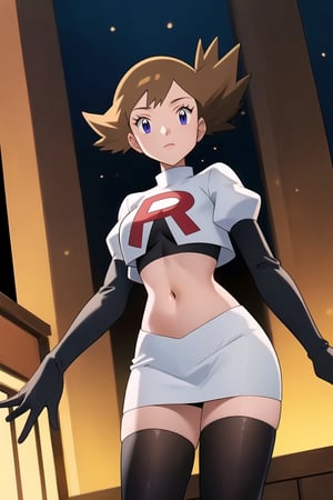 (best quality), (highly detailed), masterpiece, (official art), Team Rocket, cropped jacket, white jacket, crop top, jacket, gloves, black gloves, elbow gloves, navel, midriff, white skirt, miniskirt, skirt, black thighhighs,, looking at viewer, china, asiática, city, night, sky, (intricately detailed, hyperdetailed), blurry background,depth of field, best quality, masterpiece, intricate details, tonemapping, sharp focus, hyper detailed, trending on Artstation,1 girl, high res, official art,