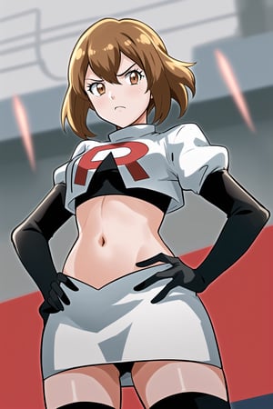 Team Rocket, cropped jacket, white jacket, crop top, jacket, gloves, black gloves, elbow gloves, navel, midriff, white skirt, miniskirt, skirt, black thighhighs, looking down at viewer,(intricately detailed, hyperdetailed), blurry background,depth of field, best quality, masterpiece, intricate details, tonemapping, sharp focus, hyper detailed, trending on Artstation,1 girl, high res, official art,hands on hips,glaring angrily,black panties,anime style,delthea