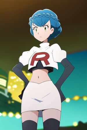 Team Rocket, cropped jacket, white jacket, crop top, jacket, gloves, black gloves, elbow gloves, navel, midriff, white skirt, miniskirt, skirt, black thighhighs,looking down at viewer, china, asiática, city, night, sky, (intricately detailed, hyperdetailed), blurry background,depth of field, best quality, masterpiece, intricate details, tonemapping, sharp focus, hyper detailed, trending on Artstation,1 girl, high res, official art,glaring angrily,hands on hips,marianne von edmond,crown_braid