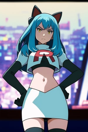 Team Rocket, cropped jacket, white jacket, crop top, jacket, gloves, black gloves, elbow gloves, navel, midriff, white skirt, miniskirt, skirt, black thighhighs, looking down at viewer,(intricately detailed, hyperdetailed), blurry background,depth of field, best quality, masterpiece, intricate details, tonemapping, sharp focus, hyper detailed, trending on Artstation,1 girl, high res, official art,hands on hips,glaring angrily,Tio Plato,yellow_eyes,long_hair,aqua_hair,fake_animal_ears 