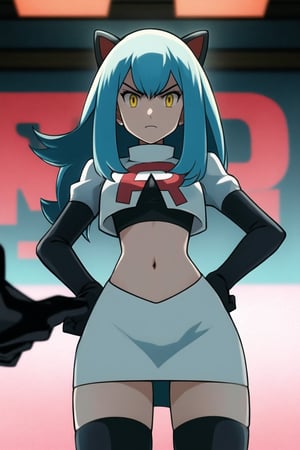 Team Rocket, cropped jacket, white jacket, crop top, jacket, gloves, black gloves, elbow gloves, navel, midriff, white skirt, miniskirt, skirt, black thighhighs, looking down at viewer,(intricately detailed, hyperdetailed), blurry background,depth of field, best quality, masterpiece, intricate details, tonemapping, sharp focus, hyper detailed, trending on Artstation,1 girl, high res, official art,hands on hips,glaring angrily,Tio Plato,yellow_eyes,long_hair,aqua_hair,fake_animal_ears 