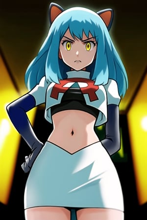 Team Rocket, cropped jacket, white jacket, crop top, jacket, gloves, black gloves, elbow gloves, navel, midriff, white skirt, miniskirt, skirt, black thighhighs, looking down at viewer,(intricately detailed, hyperdetailed), blurry background,depth of field, best quality, masterpiece, intricate details, tonemapping, sharp focus, hyper detailed, trending on Artstation,1 girl, high res, official art,hands on hips,glaring angrily,Tio Plato,yellow_eyes,long_hair,aqua_hair,fake_animal_ears 