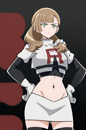 Team Rocket, cropped jacket, white jacket, crop top, jacket, gloves, black gloves, elbow gloves, navel, midriff, white skirt, miniskirt, skirt, black thighhighs, looking down at viewer,(intricately detailed, hyperdetailed), blurry background,depth of field, best quality, masterpiece, intricate details, tonemapping, sharp focus, hyper detailed, trending on Artstation,1 girl, high res, official art,hands on hips,glaring angrily,black panties,anime style,Marielle, green eyes, light brown hair, blonde hair, shiny hair, hair_scrunchie, hair_over_shoulder,