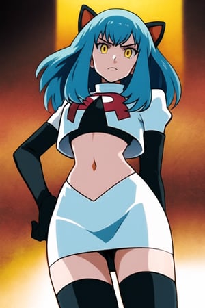 Team Rocket, cropped jacket, white jacket, crop top, jacket, gloves, black gloves, elbow gloves, navel, midriff, white skirt, miniskirt, skirt, black thighhighs, looking down at viewer,(intricately detailed, hyperdetailed), blurry background,depth of field, best quality, masterpiece, intricate details, tonemapping, sharp focus, hyper detailed, trending on Artstation,1 girl, high res, official art,hands on hips,glaring angrily,Tio Plato,yellow_eyes,long_hair,aqua_hair,fake_animal_ears 